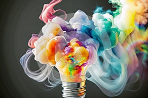 Art of a Light Bulb Lamp exploding with colorful rainbow smoke splash.