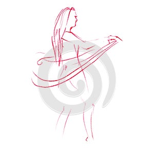 Art line of belly dancer. Young slender girl in east suit shows movement of arabic dance. Drawing by lines. Isolated