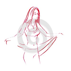 Art line of belly dancer. Young slender girl in east suit shows movement of arabic dance. Drawing by lines. Isolated