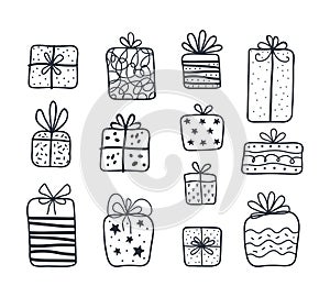 Art line drawing of different gift boxes with ribbon bow. Set of presents in black one line. Holiday doodle icons for