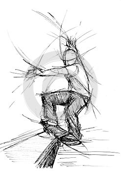 Art line of a kick board rider in action - Sketch