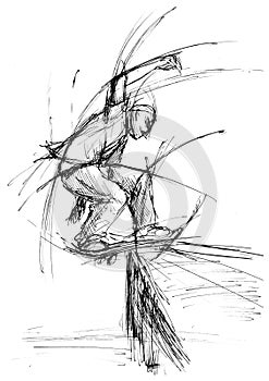 Art line of a kick board rider in action - Sketch