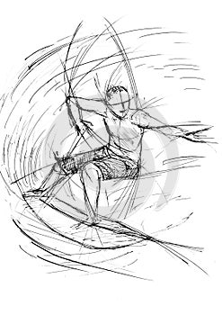 Art line of wave surfer in action - Sketch