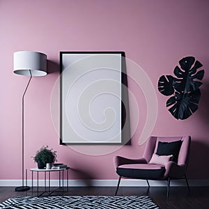 Art Living Room Accent Pink Wall With Armchair and Black Plants, Big Frame On Wall, Studio Gallery Generative AI