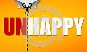 Art of making the word \'unhappy\' to \'happy\' by scissors