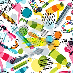 Art materials for craft design, creativity. Vector doodle seamless pattern. Background with items for handmade activity