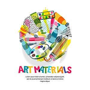 Art materials for craft design and creativity. Vector isolated illustration in circle shape. Banner, poster background