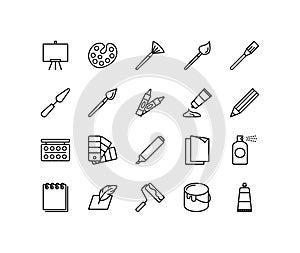 Art materials flat line icons set. Painting and Writing Tools - Brushes, Spray, Color palette, Paint Bucket and more