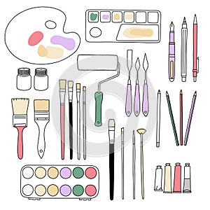 Art materials, line drawing set brushes for painting and calligraphy, colours, pencils. Hand drawn vector illustration