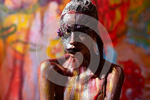 Art model girl portrait with Creative make up. Paint female model face. Abstract body. Art body design. Creative body