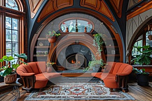 Art modern nouveau living room design, epitomizing elegance style contemporary twist, harmonizing clean lines, luxurious