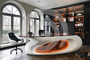 Art modern nouveau office design, infusing sophistication creativity workspace aesthetics, sleek lines, bold accents