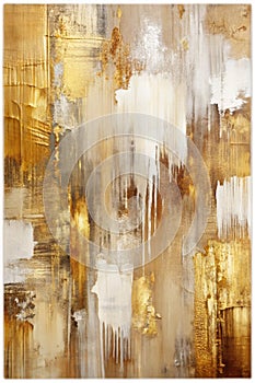 Art Modern Oil and Acrylic Smear Blot Canvas Painting Wall. Abstract Texture Gold, Bronze, Beige, and White Color Stain photo