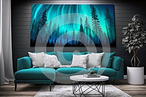 Art moderne style living room interior with an aurora borealis (polar lights) painting on a wall