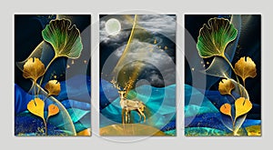 Art mural wallpaper with dark blue background, colorful christmas tree leaves, mountain , golden deer, golden birds and moon in th