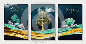 Art mural wallpaper with dark blue background golden tree, mountain, golden waves, golden birds, moon, and clouds.