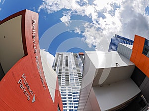 Art Museum building in downtown Bellevue in Washington, with clouds in the sky in the background