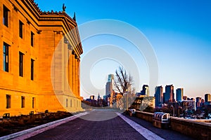 The Art Museum and skyline at sunset, in Philadelphia, Pennsylvania.
