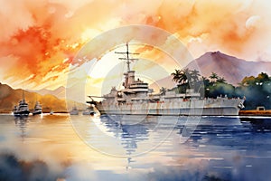 Art nature boat sky landscape watercolor illustration sea sunset water ocean ship background