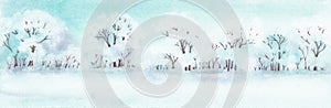 Art Nature winter landscape with snowy trees. Watercolor painting banner