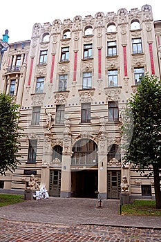 Art Nouveau architecture on a building facade in Riga, Latvia