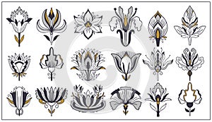 Art nouveau and art deco floral ornaments, modern flower vintage elements. Retro decoration style. Symbol tattoo