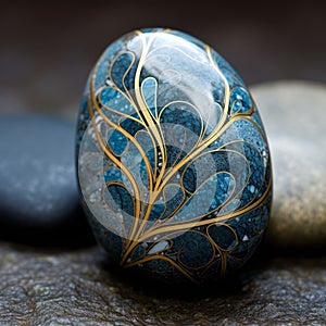 Art Nouveau Blue Marble Ball With Gold Leaf Design