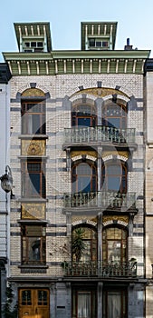 Art nouveau facade with sgraffiti in Brussels, Belgium