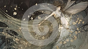 Art nouveau fairy illustration in a magical forest desktop wallpaper screensaver