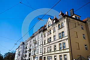 Art Nouveau house in Munich, blue sky