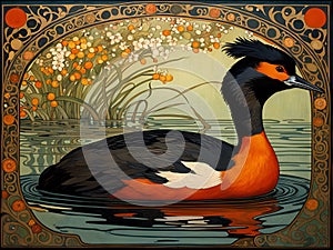 art nouveau illustration of a black necked grebe in an ornate decorative golden background