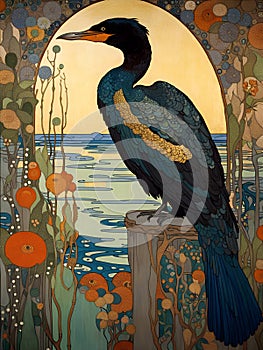 Art nouveau illustration of a cormorant in an ornate decorative nature background with water and flowers