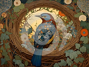 art nouveau illustration of a cuckoo in an ornate decorative golden background