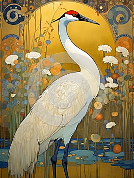 art nouveau illustration of a Eurasian Crane in an ornate decorative golden nature background