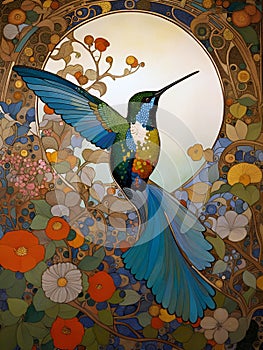 art nouveau illustration of a hummingbird in an ornate decorative floral background