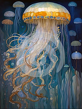 art nouveau illustration of a jellyfish in an ornate blue marine background