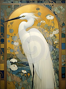 art nouveau illustration of a little Egret in an ornate decorative golden nature background