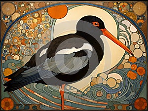 art nouveau illustration of an oystercatcher in an ornate decorative golden background