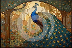 art nouveau illustration of a peacock in profile in an ornate floral forest background