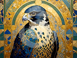 art nouveau illustration of a Peregrine Falcon in an ornate decorative golden background