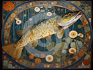 art nouveau illustration of a pike in an ornate decorative underwater background