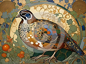 art nouveau illustration of a quail in an ornate decorative golden background