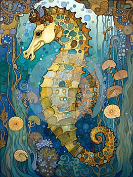 art nouveau illustration of a seahorse in profile in an ornate blue marine background