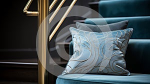 Art Nouveau Inspired Blue Cushion On Golden Stair Rail