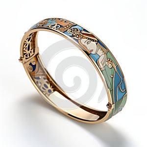Art Nouveau-inspired Gold Bangle With Colorful Caricature Painting