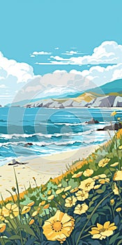 Art Nouveau-inspired Illustration Of A Lively Coastal Landscape With Yellow Flower