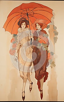 Art Nouveau-inspired Illustration Of Two Women With Red Umbrella And Flowers