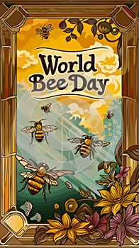 This Art Nouveau-inspired illustration for World Bee Day features flowing lines, bees, and florals