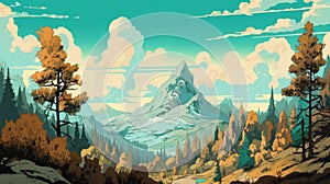 Art Nouveau-inspired Landscape With Trees And Mountains