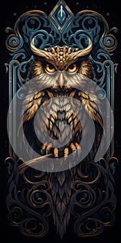 Art Nouveau-inspired Owl Illustration On Dark Background